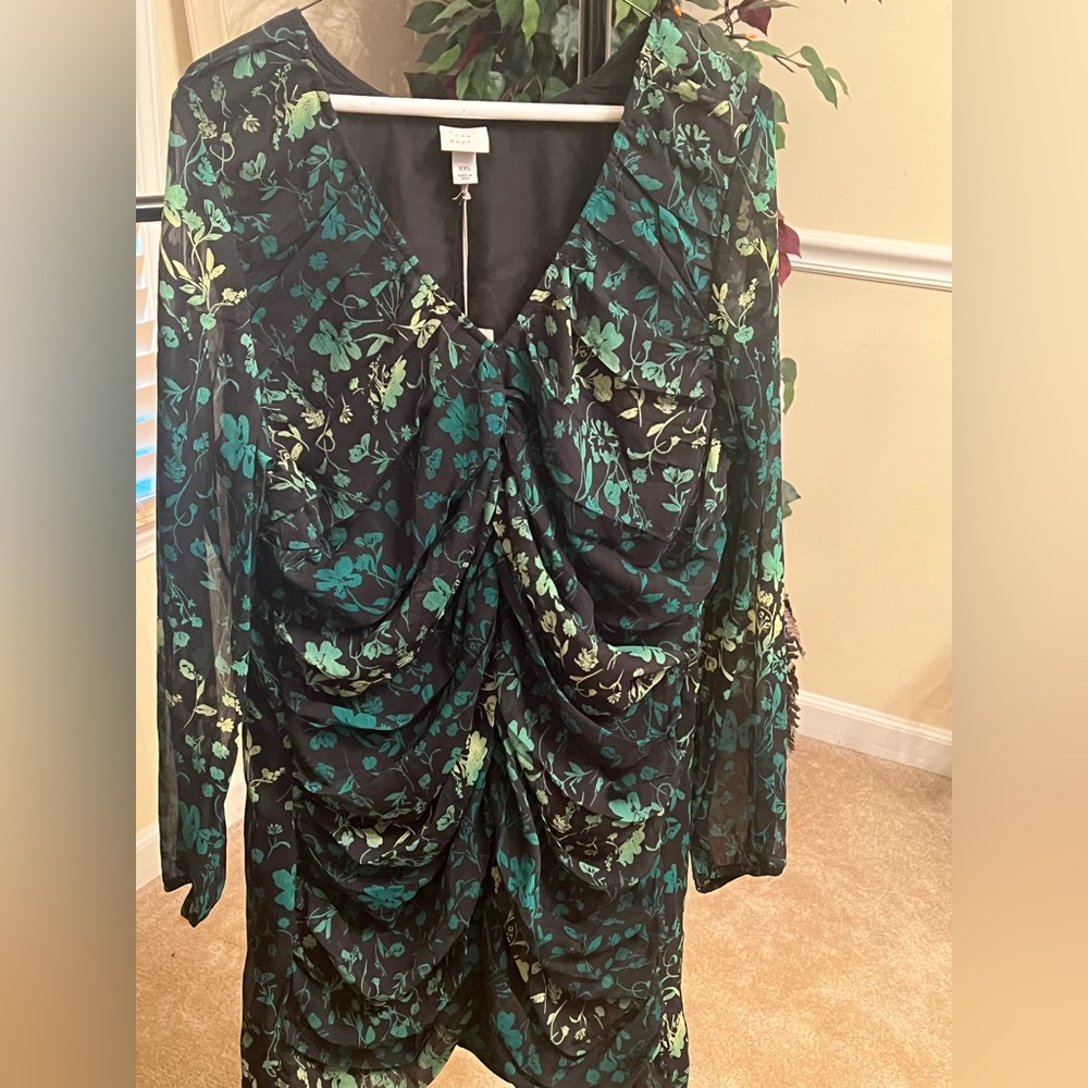 Floral Ruched V-Neck Long Sleeve Shirt - Black & Teal